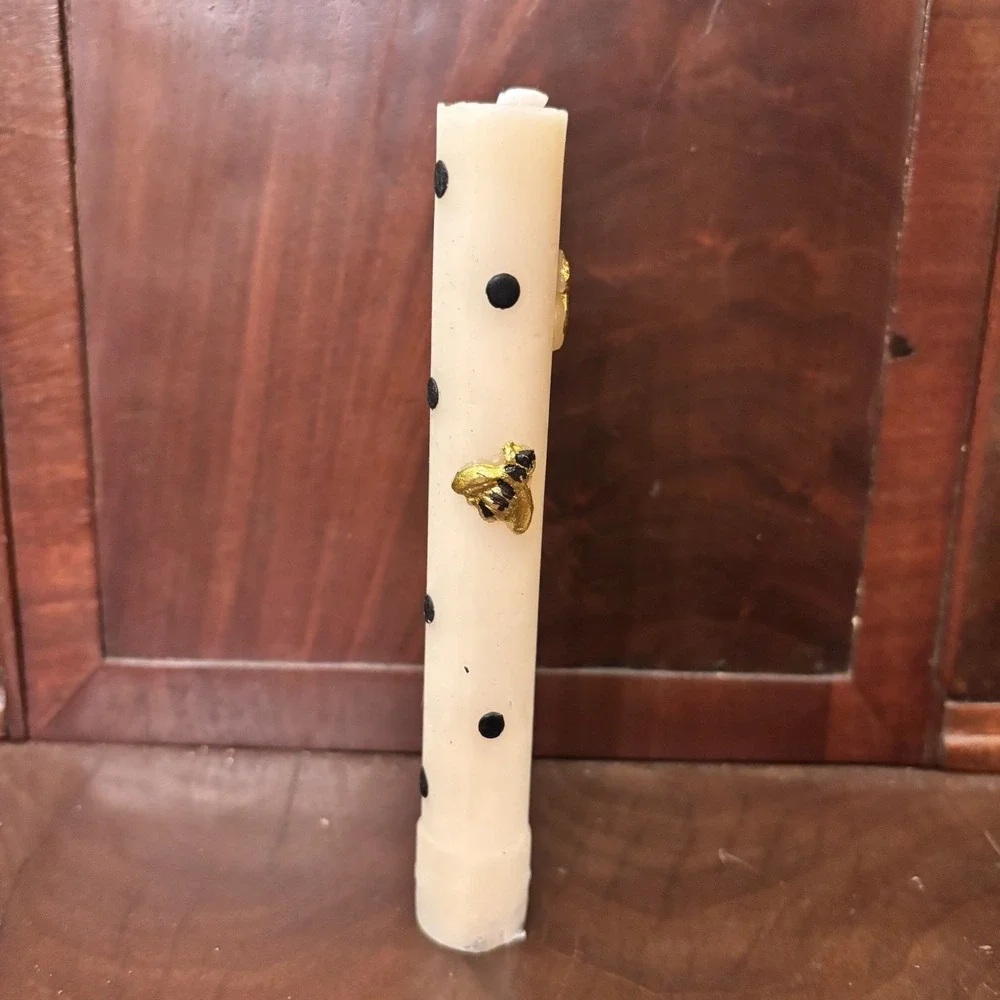 MacKenzie Childs Bee Mini Dinner Candles Lot 5 Beeswax Black Gold Polka Dot